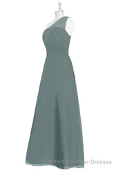 Dark Sage Green Chiffon One-Shoulder Long Bridesmaid Dress